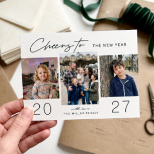 2022 Cheers to the New Year Festive Green 3 Photo Holiday Card