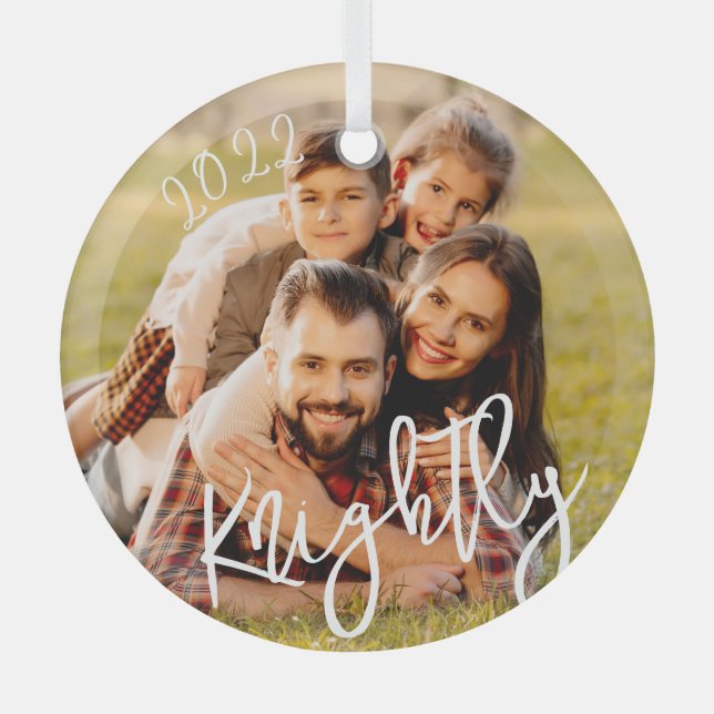 2022 Custom Modern Script Family Photo Name Glass Tree Decoration (Front)