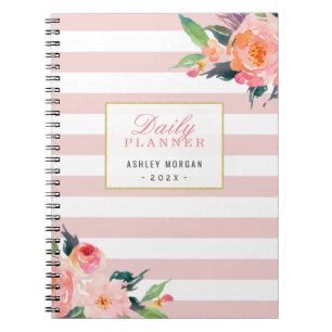 2022 Daily Planner   Girly Pink Stripes Floral Notebook