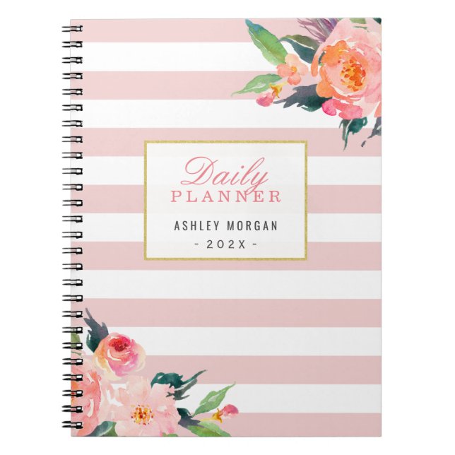 2022 Daily Planner | Girly Pink Stripes Floral Notebook (Front)