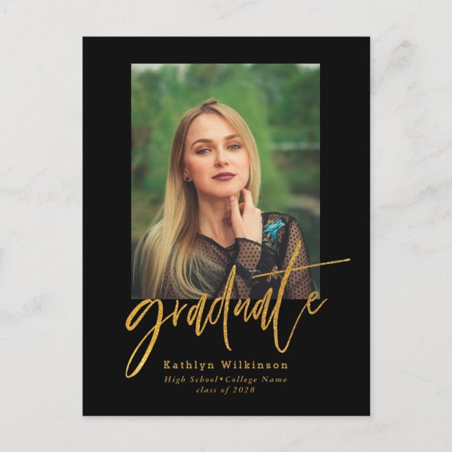 2022 Elegant Gold Black Script Photo Graduation Invitation Postcard (Front)