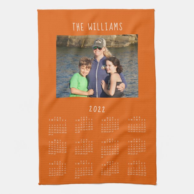2022 Family Photo Burnt Orange Calendar Tea Towel (Vertical)