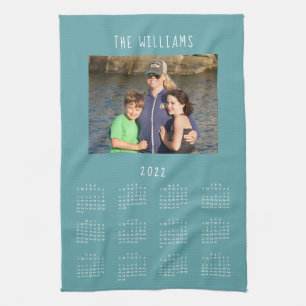 2022 Family Photo Teal Calendar Tea Towel