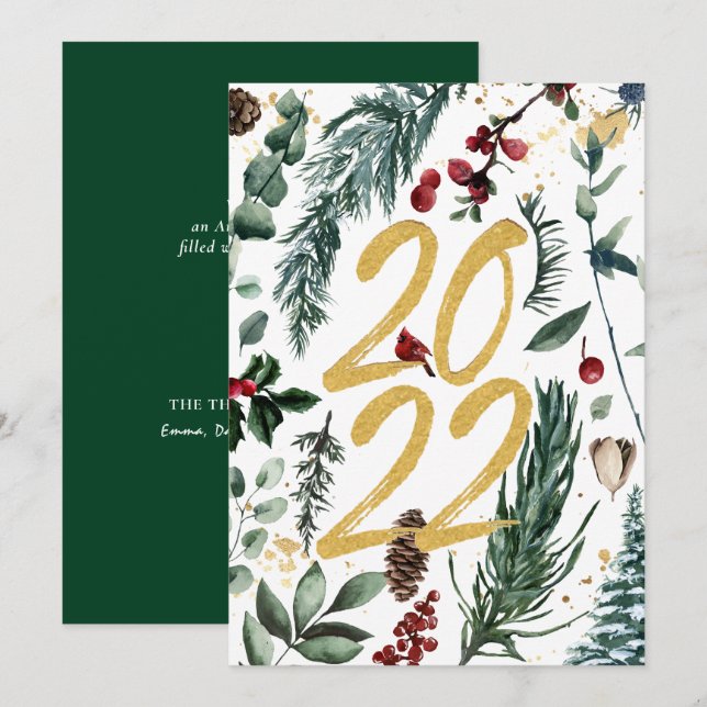 2022 Festive Gold Pine Bough Magnolia Christmas  Holiday Card (Front/Back)