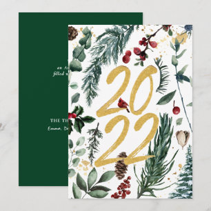 2022 Festive Gold Pine Bough Magnolia Christmas  Holiday Card