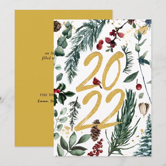 2022 Festive Gold Pine Bough Magnolia Christmas  Holiday Card (Front/Back)