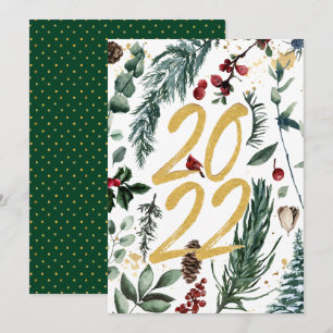 2022 Festive Gold Pine Bough Magnolia Christmas Holiday Card