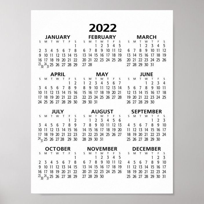 2022 Full Year View Calendar - Basic Minimal Poster | Zazzle.co.uk