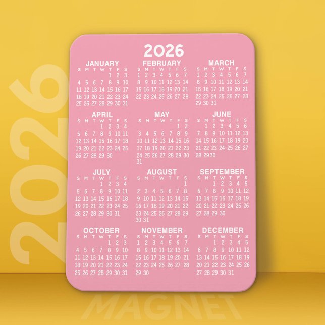 2022 Full Year View Calendar - Basic Pink Minimal Magnet (2026 Calendar Magnet)