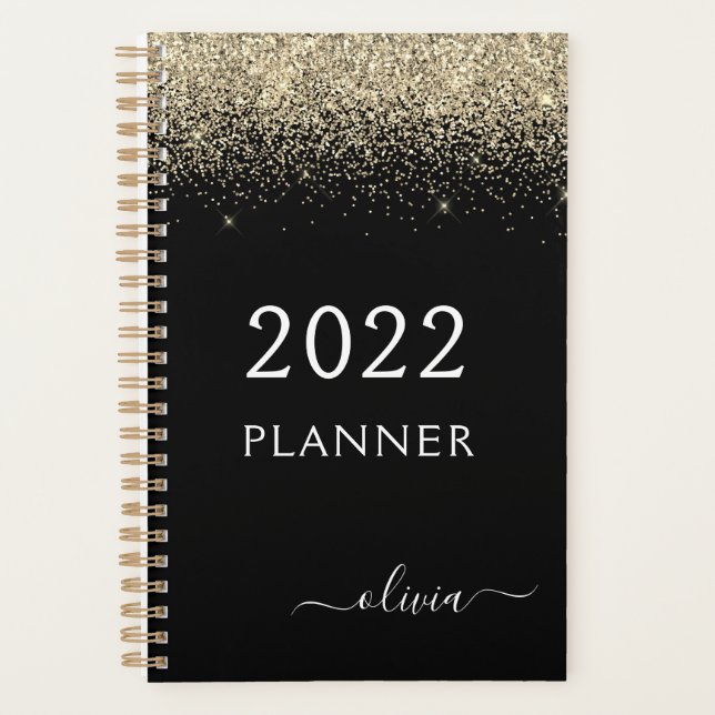 2022 Gold Black Glitter Sparkle Glam Monogram Planner (Front)