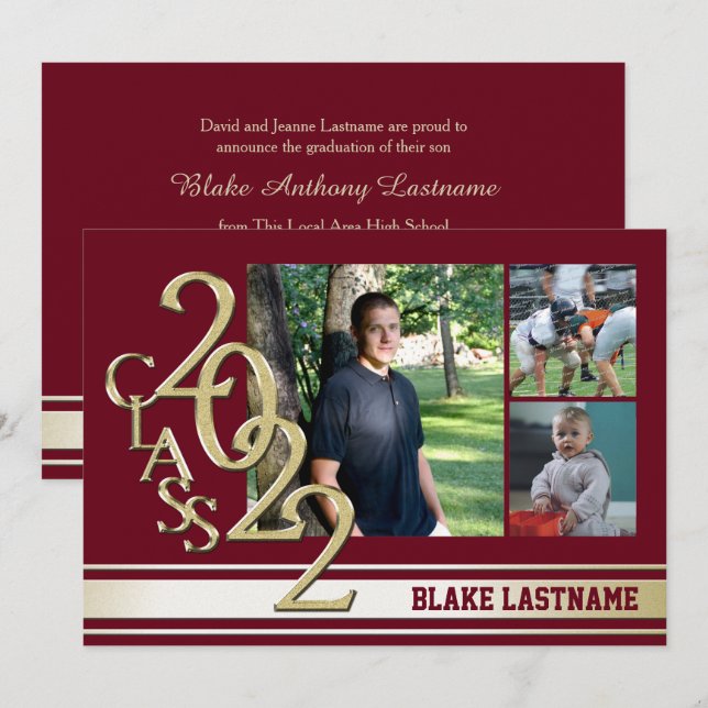 2022 Gold Varsity Stripe Grad Tri Photo Burgundy Invitation (Front/Back)