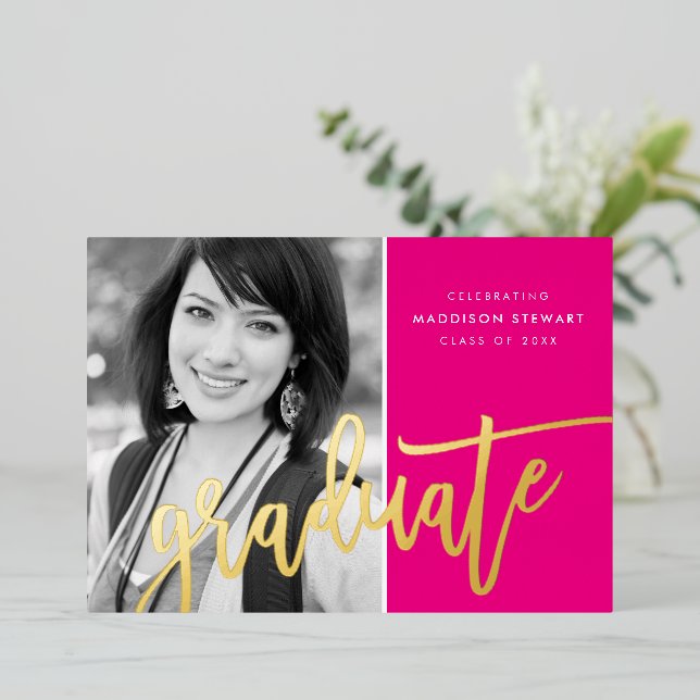 2022 GRAD photo modern calligraphy hot pink gold (Standing Front)