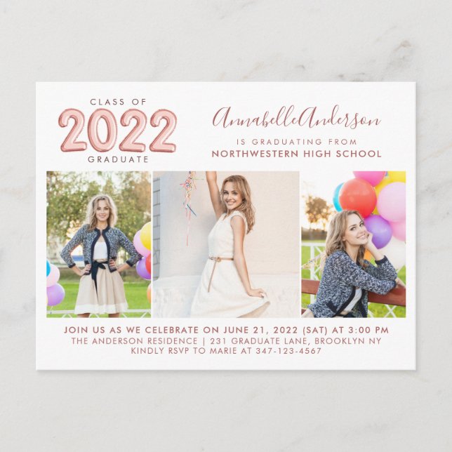 2022 Graduate Rose Gold 3 Photo Graduation Party Invitation Postcard (Front)