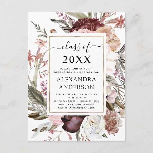 2022 Graduation Boho Dusty Pink Burgundy Invitatio Postcard (Front)