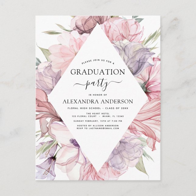 2022 Graduation Boho Dusty Pink Purple Invitation Postcard (Front)