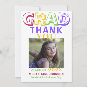 2022 graduation colourful middle school grad photo thank you card