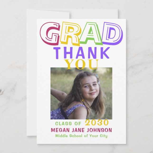 2022 graduation colourful middle school grad photo thank you card (Front)