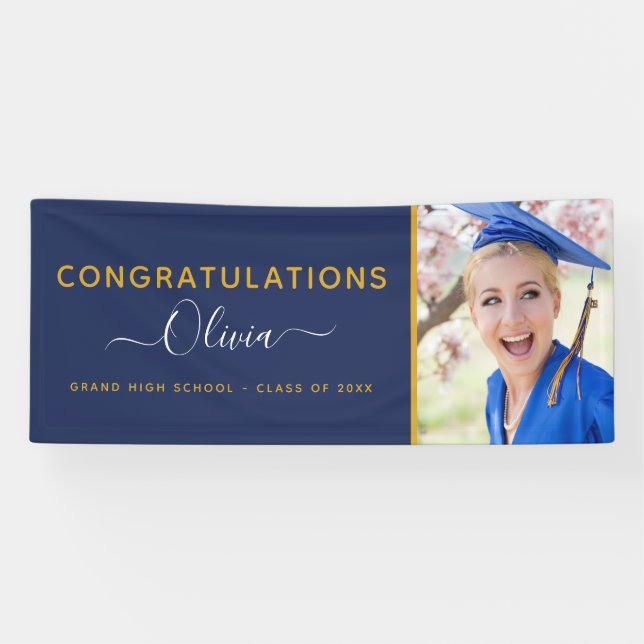 2022 Graduation Navy Blue Gold High School College Banner (Horizontal)