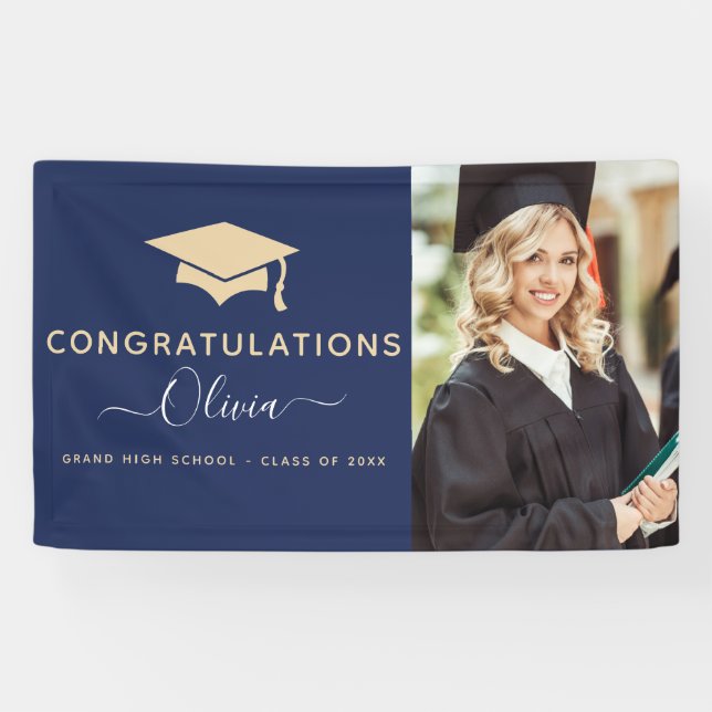 2022 Graduation Navy Blue Gold High School College Banner (Horizontal)