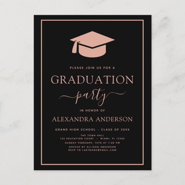 2022 Graduation Party Blush Pink Black Elegant Inv Postcard (Front)