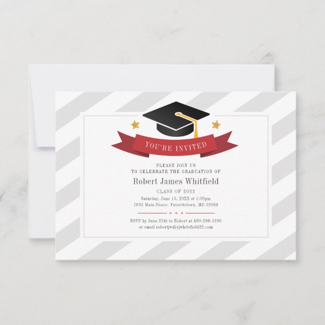 2022 Graduation Party Grad Cap Red Gold Silver Invitation (Front)