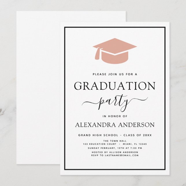 2022 Graduation Party Pink Elegant Black White Inv Invitation (Front/Back)