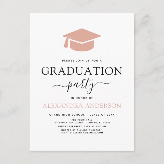 2022 Graduation Party Pink Elegant Black White Inv Postcard (Front)