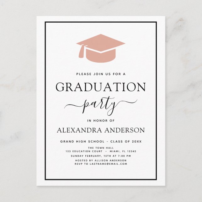 2022 Graduation Party Pink Elegant Black White Inv Postcard (Front)