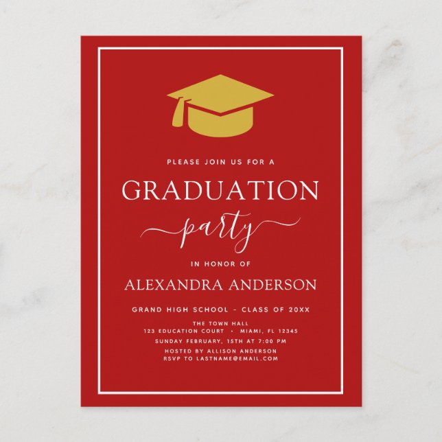 2022 Graduation Party Red Gold Colour Option Invit Postcard (Front)