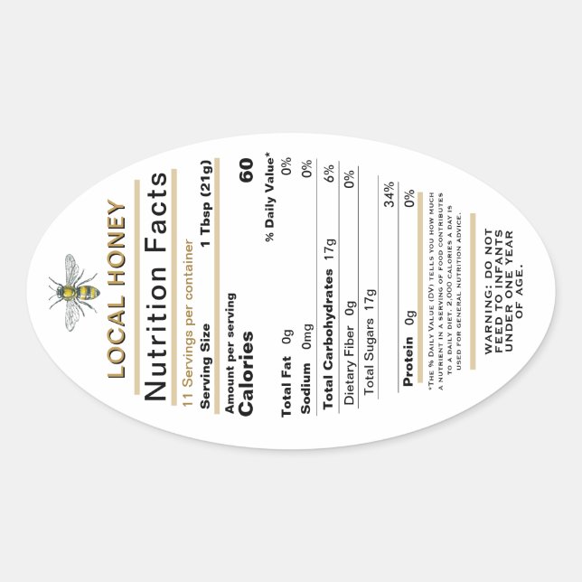 2022 Honey Nutrition Facts Bee and Infant Warning Oval Sticker (Front)