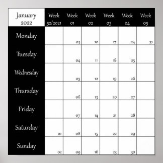 2022 January planner weel number Poster