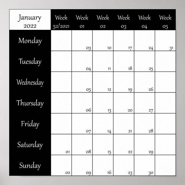 2022 January planner weel number Poster (Front)