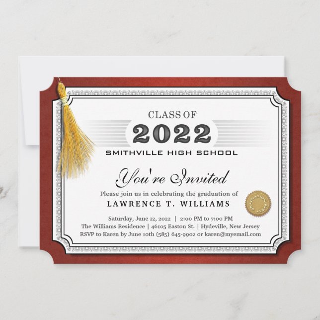 2022 Maroon Red DiplomaTassel Graduation Invite (Front)