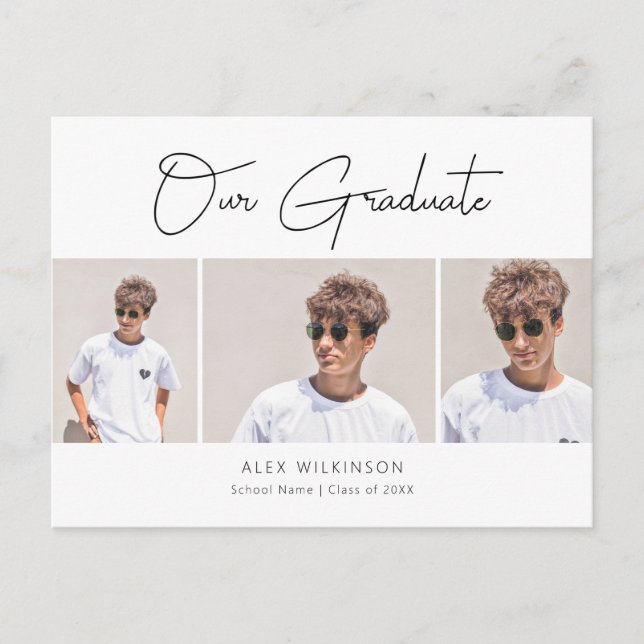 2022 Modern Minimalist Script 3 Photo Graduation Invitation Postcard (Front)