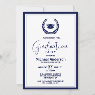 2022 Navy Blue Border Graduation Party Invitation