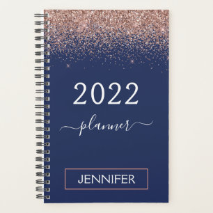 2022 Navy Blue Monogram Glitter Pink Rose Gold Planner