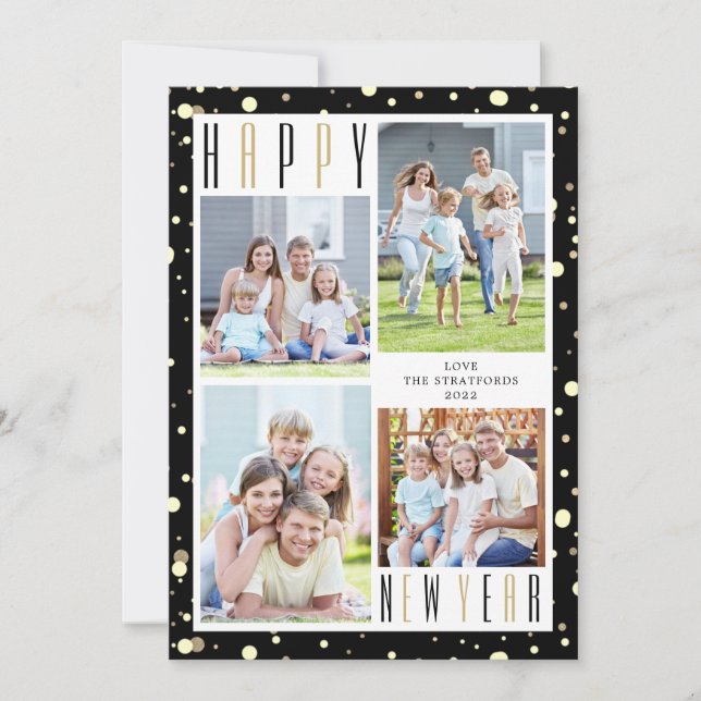 2022 NEW YEAR Calendar 4 Photo Collage Black Gold Holiday Card (Front)