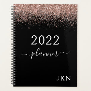 2022 Rose Gold Blush Pink Black Glitter Monogram Planner