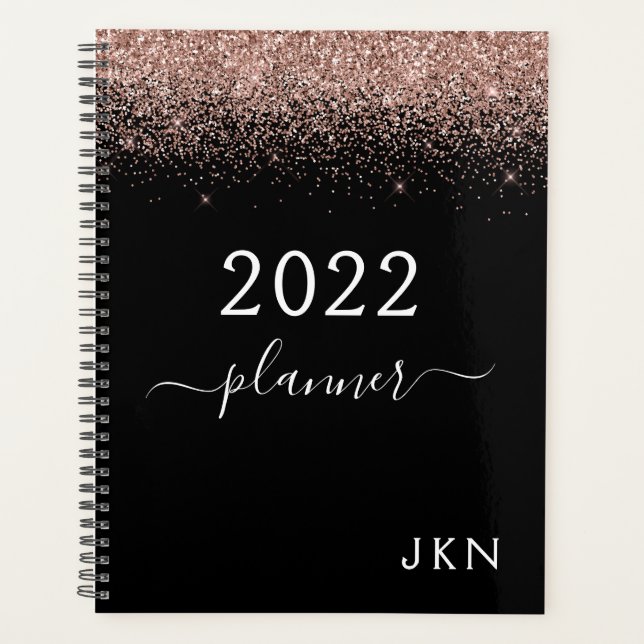 2022 Rose Gold Blush Pink Black Glitter Monogram Planner (Front)