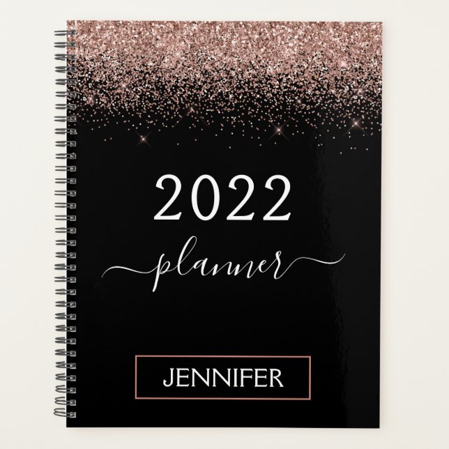 2022 Rose Gold Blush Pink Black Glitter Monogram Planner (Front)