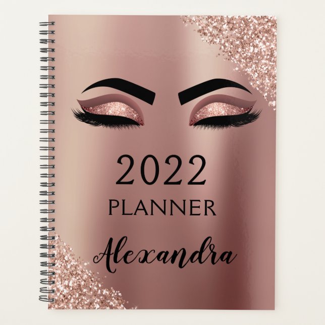 2022 Rose Gold Pink Monogram Glitter Eyelashes Planner (Front)