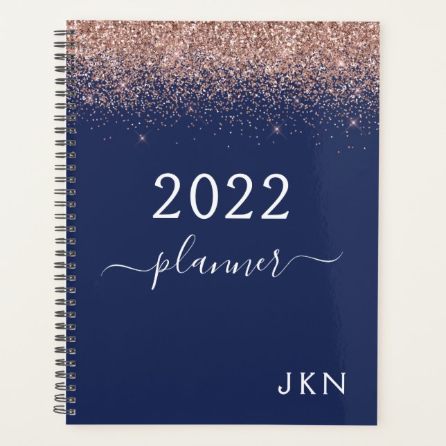 2022 Rose Gold Pink Navy Blue Glitter Monogram Planner (Front)