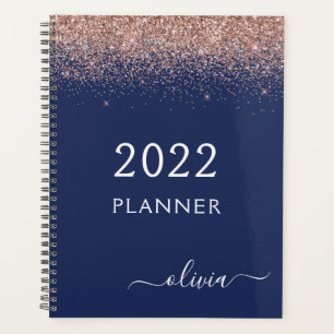 2022 Rose Gold Pink Navy Blue Glitter Monogram Planner