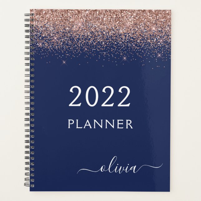 2022 Rose Gold Pink Navy Blue Glitter Monogram Planner (Front)