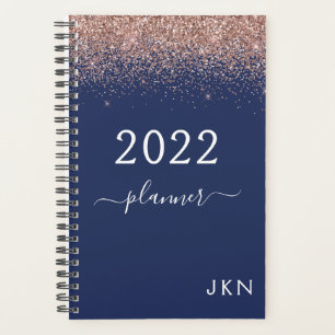 2022 Rose Gold Pink Navy Blue Glitter Monogram Planner