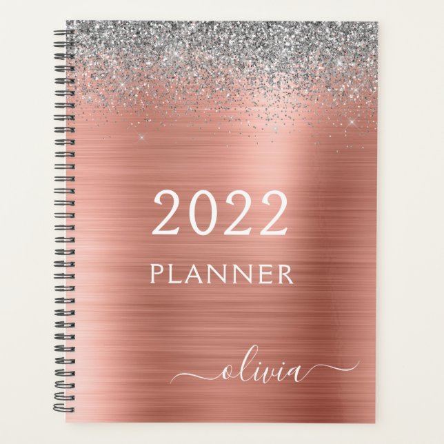 2022 Rose Gold Silver Glitter Monogram Planner (Front)
