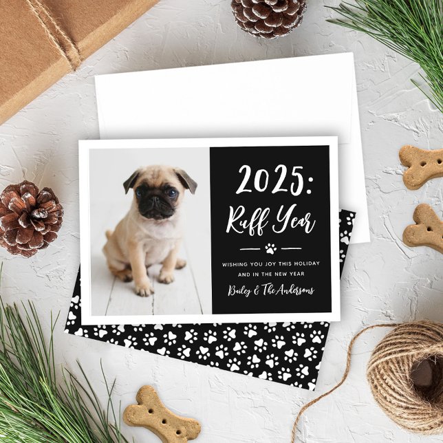 2022 Ruff Year Black Funny Dog Photo Holiday Card (Creator Uploaded)