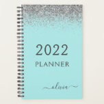 2022 Silver Aqua Blue Teal Glitter Monogram Planner<br><div class="desc">2022 Silver and Aqua Blue Teal Sparkle Glitter Monogram Name and Initial Spiral Notebook. This makes the perfect sweet 16 birthday,  wedding,  bridal shower,  anniversary,  baby shower or bachelorette party gift for someone that loves glam luxury and chic styles.</div>