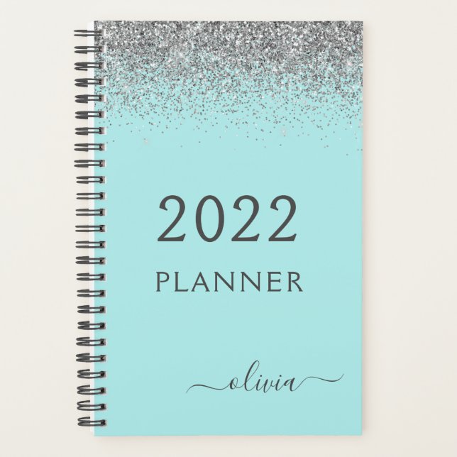 2022 Silver Aqua Blue Teal Glitter Monogram Planner (Front)