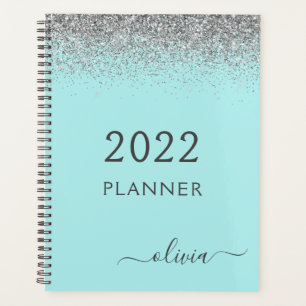 2022 Silver Aqua Blue Teal Glitter Monogram Planner
